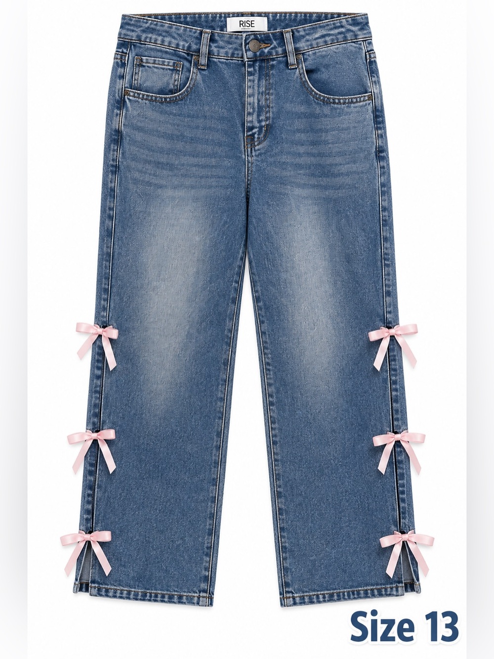 Girls Denim Wide-Leg Jeans with Pink Side Bows